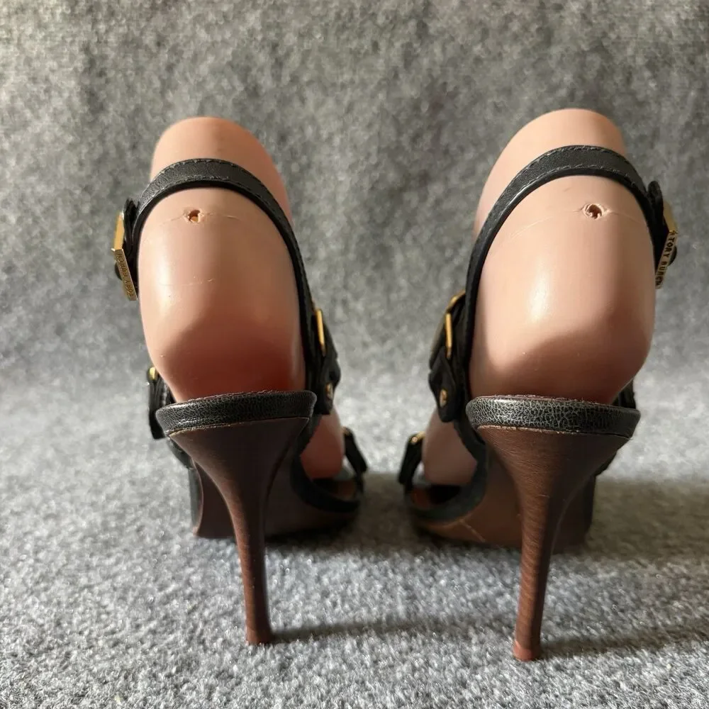 Tory Burch Black Strappy Buckle Leather Upper Open Toe Stiletto Heel 6M
